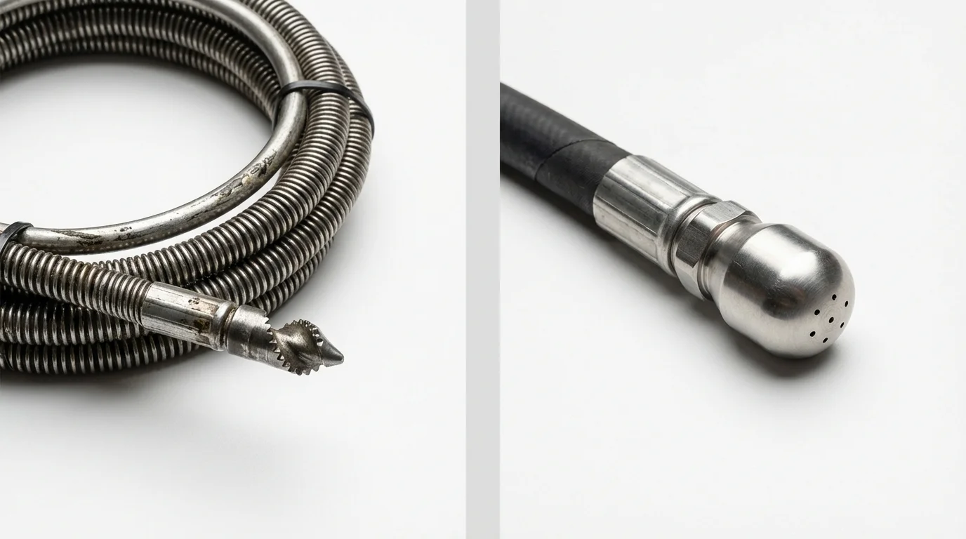 Drain snake cable and hydro jetting nozzle used for drain cleaning in Ellerbe, NC