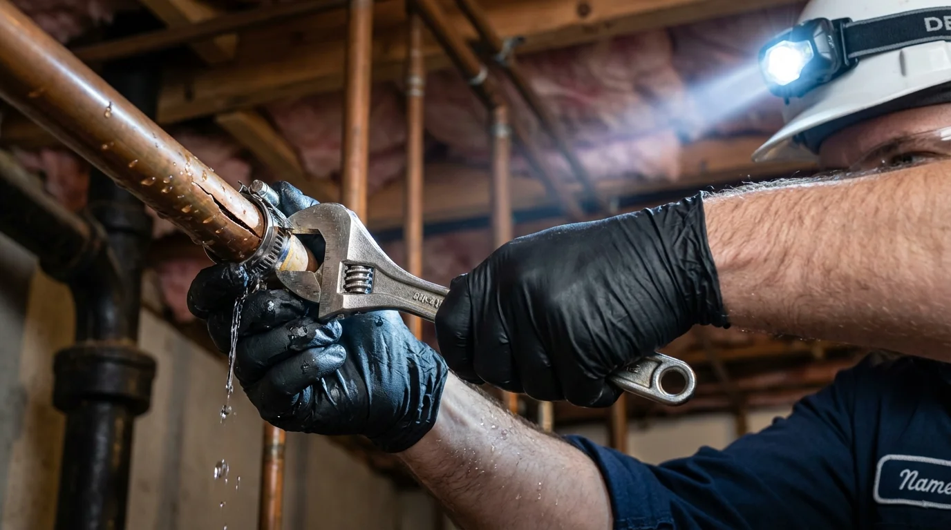 Emergency pipe clamp repair being performed by a Johns Plumbing LLC plumber in Ellerbe